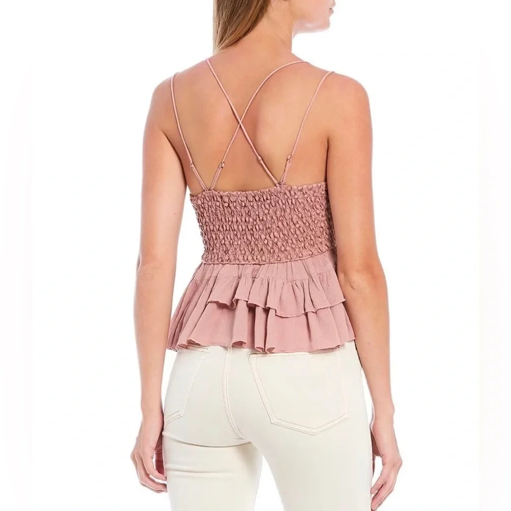 New Free People Adella mauve Barbie pink Lace Smocked Blend Ruffle Layered Cami
